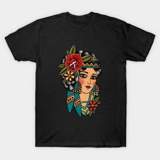 Gypsy Lady Head American Traditional Tattoo Design T-Shirt